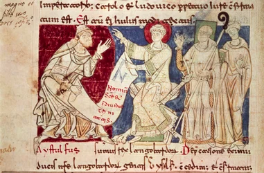 Miniatyr fra Chronicon Vulturnense, opplyst kodeks komponert av munken Iohannes, ca. 1130, Italia