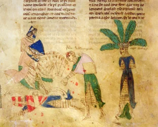 Ms.EST.59 fol.85v Tristan frigjør Kong Arthur, fra historien om Tristan (vellum)