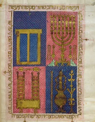 Ms.OR.26 fol.26r Templets instrumenter, fra den hebraiske bibelen (vellum)
