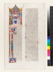 Ms 331 fol.1r Side med tekst med en historisk initial P og en miniatyr som viser en kardinal på tronen, fra bok V i Gregor IX.s dekreter, fra Bologna, ca. 1350