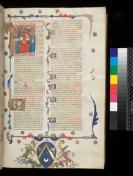 Ms 390. Seneca den yngre, Opera og Seneca den eldre, Excerpta controversiarum, f.1r. Innledende side med historisk initial [L] som huser Jerome, St. Paul og Seneca, Veneto