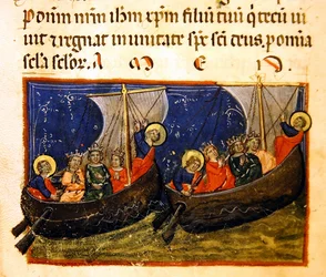 Ms. 406, miniatyr fra historien om byggingen og konstruksjonen av Johannes-evangelistens kirke, ca. 1330-40
