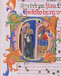Ms 559 f.298v Historikert initial G som viser St. Dominic som opprettholder kirken og drømmen til pave Honorius III (1216-27) fra Psalter H fra San Marco e Cenacoli