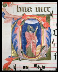 Ms 570 f.105r Historikert initial D som viser kong David i bønn
