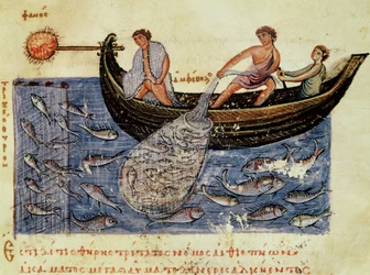 Ms Grec 479 Fiske med nett, illustrasjon fra Halieutica av Oppian (tempera på vellum)