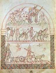 Ms. Plut. 12.17, c. 1b, Den jordiske byen med menneskehetens vanskeligheter og ulykker og en sjels dom, fra The City of God av St. Augustine, 11.-12.