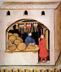 Nova 2644 fol.56v Salg av tørkede fiken, fra Tacuinum Sanitatis