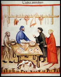 Nova 2644 fol.77r Slakterbutikk, salg av hjerner, fra Tacuinum Sanitatis Codex Vindobonensis