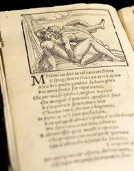 Side fra "Sonetti Lussuriosi" av Pietro Aretino, illustrert av Giulio Romano og gravert av Marcantonio Raimondi, utgitt Venezia, ca. 1527