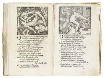 Side fra «Sonetti Lussuriosi» av Pietro Aretino, illustrert av Giulio Romano og gravert av Marcantonio Raimondi, utgitt i Venezia, ca. 1527