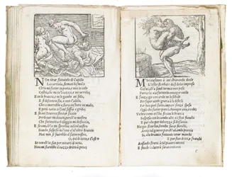 Side fra "Sonetti Lussuriosi" av Pietro Aretino, illustrert av Giulio Romano og gravert av Marcantonio Raimondi, utgitt i Venezia, ca. 1527