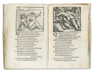 Side fra «Sonetti Lussuriosi» av Pietro Aretino, illustrert av Giulio Romano og gravert av Marcantonio Raimondi, utgitt i Venezia, ca. 1527