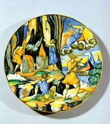 Plate som viser Kain som dreper Abel, Rimini, midten av 1500-tallet (maiolica)