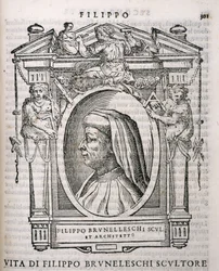 Portrett av Filippo Brunelleschi (1377-1446) fra Vasaris Lives of the Artists, først utgitt 1550