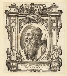 Portrett av Giovanni Battista di Jacopo, kjent som Rosso Fiorentino eller Il Rosso, italiensk arkitekt og manneristmaler i olje og freskomaleri fra den florentinske skolen