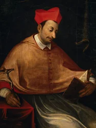 Portrett av den hellige Carlo Borromeo (1538-1584), italiensk erkebiskop og kardinal, maleri av anonym kunstner, San Carlo-kirken, Arona, Piemonte, Italia