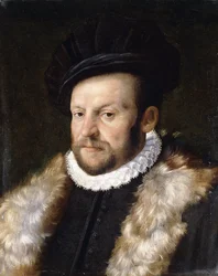 Portrett av en skjeggete herre, bystelengde, iført en svart jakke med en hvit Ruff-krage,
