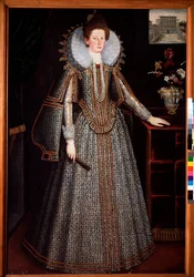 Portrett av en dame fra den florentinske adelen Derriere henne en representasjon av Pitti-palasset, hun er kledd i en rikt paree-kjole og en jordbærkrage i et charettehjul (Portrett av en florentinsk dame med et vognhjul og en rikt utsmykket dr.