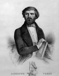 Portrett av den italienske komponisten Giuseppe Verdi (1813 - 1901) i 1844 med partituret til operaen "" I due foscari"".