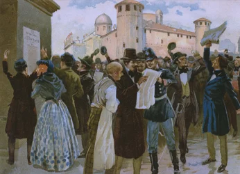 Proklamasjon av resultatene av folkeavstemningen 4. mars 1848 før Palazzo Reale i Torino, illustrasjon fra et album om historien til Risorgimento laget for sjokoladen Talmone, sent på 1800-tallet