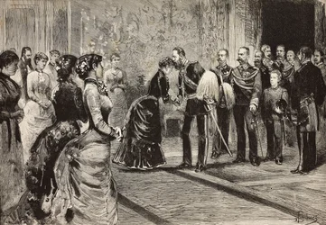 Dronning Margherita og Umberto I mottar kronprins av Tyskland (fremtidig Frederick III) ved Quirinale, Roma, Italia, gravering fra tegning av Dante Paolocci, fra L'Illustration Italiana, nr. 1, 6. januar