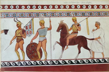 Rekonstruksjon av gravmaleri fra Paestum som viser greske fotsoldater og kavaleri (se også 186246, 119488 og 444298)