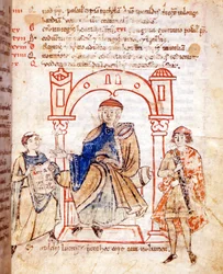Representasjon av grevinne Mathilde av Canossa (eller grevinne Mathilde av Toscana) (1046 - 1115). "Vitas mathildis" av Donizone. Manuskript fra 1200-tallet, Lucca, Bibl. Governativa.