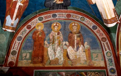 Representasjon av Saint Stephen, kristen martyr, Saint Thomas Becket (1118-1170), erkebiskop av Canterbury og Saint Nicholas av Myra eller Bari (270-345) Anonym fresco (1200-tallet) Nedre kirke. Klosteret Saint Benedetto (Sacro Speco), Subiaco (Rom