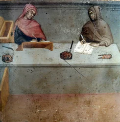 Representasjon av en kameralingvist, assistent for en kopist Anonymt maleri på tre av en Biccherna (omslaget til regnskapsregisteret til byen Siena) 1388. Siena Archivio di Stato, Italia