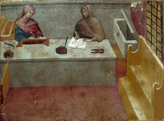 Representasjon av en kameralingvist, assistent for en kopist Anonymt maleri på tre av en Biccherna (omslaget til regnskapsregisteret til byen Siena) 1388. Siena Archivio di Stato, Italia