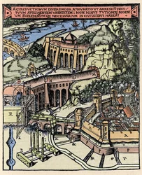 Representasjon av en akvedukt. Coloree gravering fra "" De Architectura"" av Vitruva (1. århundre f.Kr.) - Utgave av Gottardo da Ponte, Come