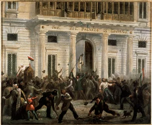 Revolusjoner i 1848, fem dager i Milano: opprørere tar over regjeringspalasset 18. mars (maleri