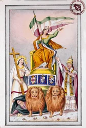 Risorgimento: propagandaplakat for pavestatene: "Italia har troen og pave Pius (Pio) IX" Litografi fra 1800-tallets Museo del Risorgimento, Roma
