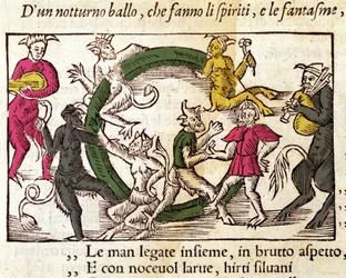 Sabbatsseremoni med hekser. Gravering av Olaus Magnus (1490 - 1557), svensk religiøs og geograf, "History of the Northern Nation", Venezia