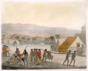 Sandwichøyene - en vestlending som forhandler om butikker, plate 92 fra Le Costume Ancien et Moderne, av Jules Ferrario, utgitt ca. 1820-30-tallet