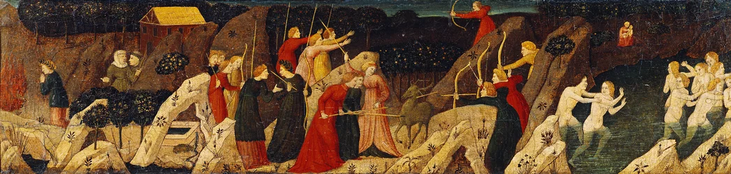 Scene av en kamp med piler og buer og jakten (olje på panel)