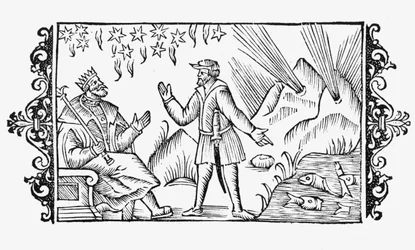 Scene med spådomskunst, illustrasjon fra Historia de Gentibus Septentrionalibus av Olaus Magnus (1490-1558), utgitt i Roma, 1555
