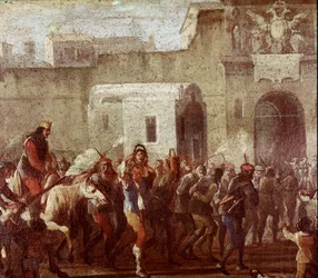 Scene med straff av tyver på Masaniellos tid (straff av tyver på Masaniellos tid). Detalj, omkring 1640-1650, Napoli, Museo Nazionale di San Martino