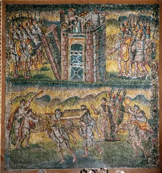 Scener fra Josvas bok: Inntaket av Jeriko, De syv prestene som bærer Paktens Ark (mosaikk)