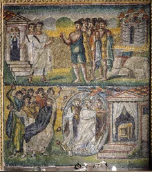 Scener fra The Life of Moses: returen av de tolv spionene sendt av Moses til det lovede landet, Forsøk på steining av Moses (mosaikk)
