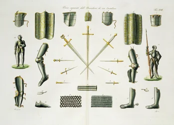 Enkeltdeler av en ridders rustning, plansje 18 fra Nasjonenes historie, gravert av G. Lago