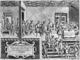 Tjeneste for kardinalene under et konklave. Gravering fra "Opera", bok om gastronomi delt i 6 deler, av Bartolomeo Scappi, personlig kokk til pave Pius V. Venezia