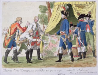 Signering av Campo Formio-traktaten mellom Frankrike (representert av Bonaparte) og Østerrike (representert av Cobenzl) i 1797