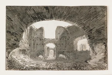 Sketch of the Baths of Caracalla, tidlig på 1800-tallet (penn og brunt blekk med grå vask over svart kritt)