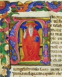 St. Jerome, fra en Mariegola fra lekmannslauget St. Jeroma, ca. 1400 (blekk og bladgull på vellum)