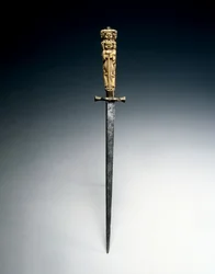 Stiletto med grep utformet som figurer av veldedighet, rettferdighet og håp, ca. 1650 (stål, messing og elfenben)