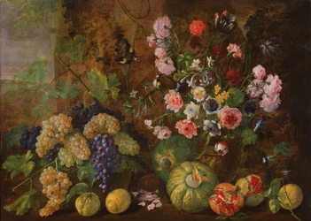 Stilleben av frukt og blomster