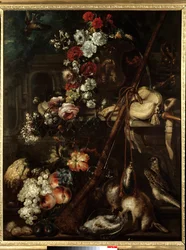 Stilleben av blomster, vilt og rifle Maleri av den italienske skolen på 1600-tallet - Søn 1,18x0,91 m Bayonne, Musee Bonnat