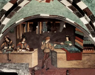 Skredderforretning. En mann syr, en annen klipper stoffet og en tredje selger tekstilet til en kunde. Fresco Castle Issogne (1400-tallet).