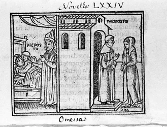 Erkepresten i Firenze overrasket over festen da han møtte kvinnen han elsker. Illustrasjon for nyheter 74 (Ny 4 av den åttende dagen) av "Decameron"" av Giovanni Boccaccio dit Jean Boccaccio (1313-1375), italiensk forfatter. Gravering i "" Decamerone o